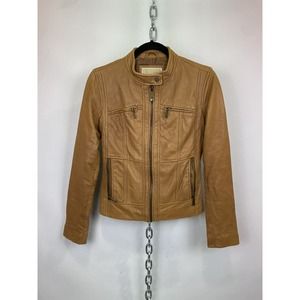Micheal Kors Brown Leather Moto Jacket‎ Size Small